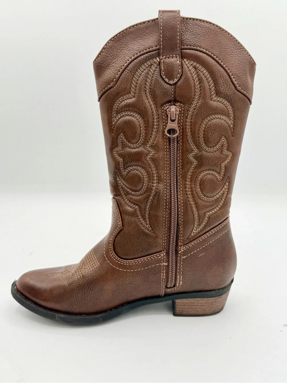 Girls Brown Western Cowboy Boots Side Zip Square Toe Size 1 Faux Leather